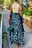 Зеленая модная повседневная клетчатая лоскутная юбка с высокой талией и обычной талией