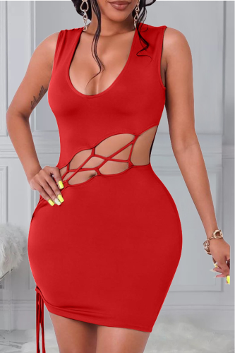 Red Sexy Solid Hollowed Out U Neck Pencil Skirt Dresses