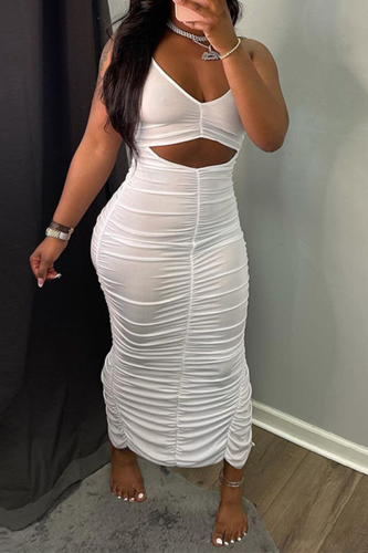 White Sexy Solid Hollowed Out V Neck Pencil Skirt Dresses