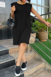 Zwarte mode casual effen basic O-hals mouwloze jurk