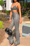 Grey Fashion Sexy Patchwork See-through Backless Spaghetti Strap Regular Jumpsuits