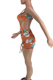 Orange Sexy Print Frenulum Backless Swimwears