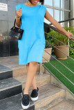 Vestido sem mangas com decote em bico azul-céu moda casual sólido