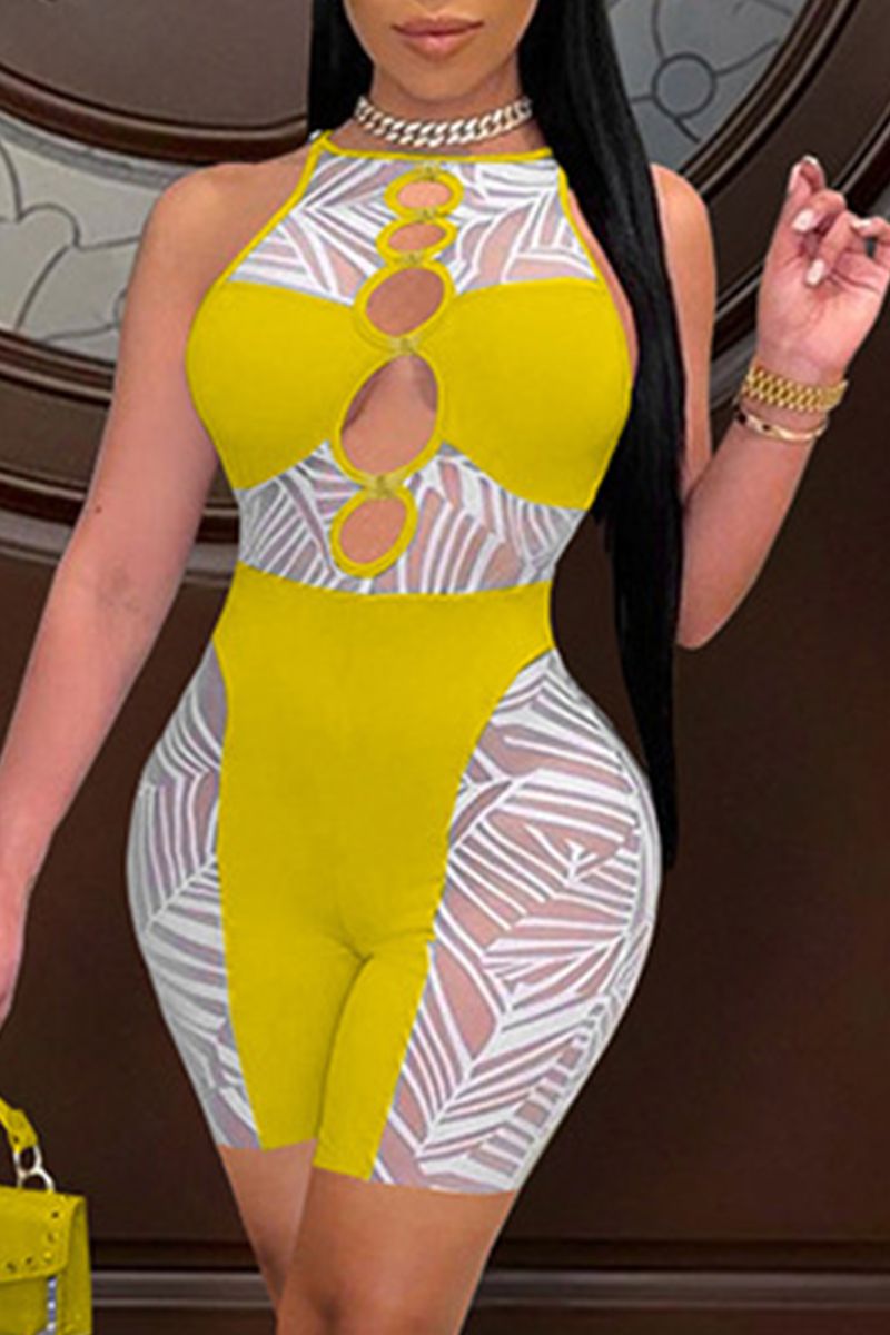 

Yellow Sexy Print Mesh O Neck Skinny Jumpsuits