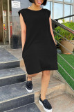 Черное модное повседневное однотонное базовое платье без рукавов с круглым вырезом