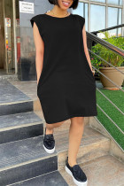 Черное модное повседневное однотонное базовое платье без рукавов с круглым вырезом