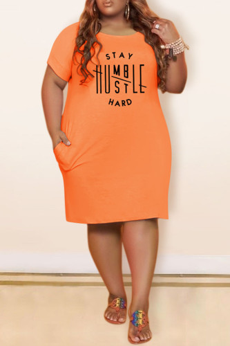 Vestido de manga corta con cuello en O básico estampado de letras casual de moda naranja Vestidos de talla grande