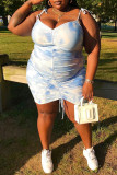 ライト ブルー ファッション セクシー プラス サイズ タイダイ印刷スパゲッティ ストラップ ノースリーブ ドレス