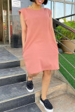 Roze mode casual effen basic O-hals mouwloze jurk