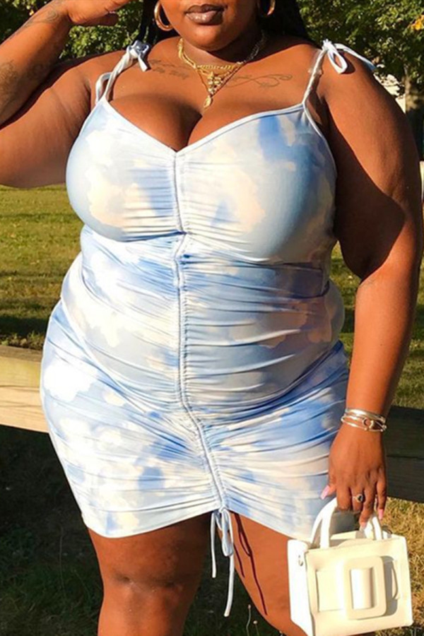Светло-голубое модное сексуальное платье большого размера без рукавов с принтом на тонких бретельках
