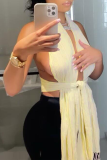 Tops blancos sexy de retazos lisos con cuello halter y cintura media