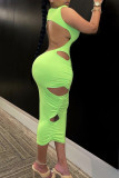 Green Sexy Solid Hollowed Out Backless Asymmetrical Half A Turtleneck Pencil Skirt Dresses