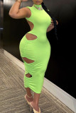 Green Sexy Solid Hollowed Out Backless Asymmetrical Half A Turtleneck Pencil Skirt Dresses