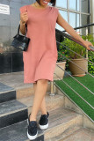 Roze mode casual effen basic O-hals mouwloze jurk
