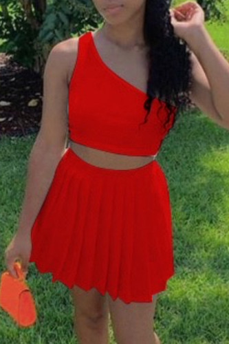 Red Fashion Sexy Solid Backless One Shoulder Sleeveless Two Pieces