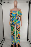 Green Fashion Casual Print Backless Off the Shoulder Regular Jumpsuits