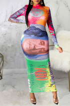 Robes de jupe crayon vertes à imprimé sexy en maille à col rond