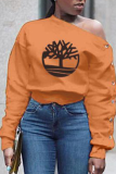 Оранжевый Воротник на одно плечо с длинным рукавом и принтом из смеси химических волокон