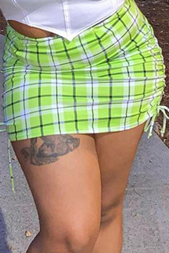 Fluorescent Green Sexy Plaid Patchwork Skinny Mid Waist Straight Full Print Bottoms