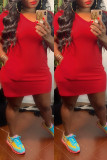 Rose Red Mode Casual Plus Size Solid Basic V-ringad kortärmad klänning
