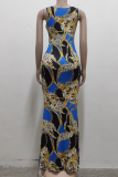Gelbes, legeres, bedrucktes, Patchwork-Kleid mit Trompetenärmeln und Spaghettiträgern im Meerjungfrau-Stil
