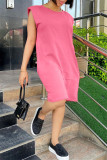 Розовое модное повседневное однотонное базовое платье без рукавов с круглым вырезом