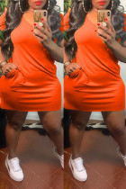 Orange Fashion Casual Plus Size Solid Basic V Neck Short Sleeve Dress
