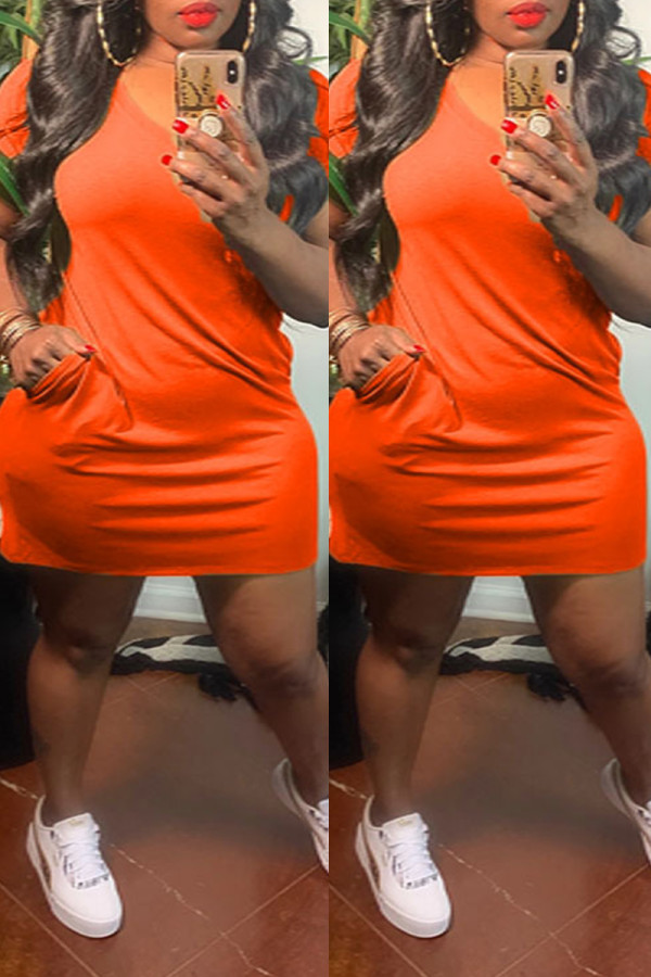 オレンジ ファッション カジュアル プラス サイズ ソリッド ベーシック V ネック ショート スリーブ ドレス