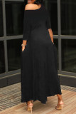 Black Casual Letter Print Basic Oblique Collar Irregular Dress