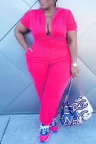 Rose Red Casual Solid Patchwork Huvkrage Plus Size Jumpsuits