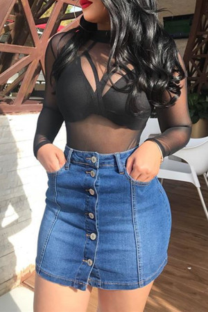 Blue Fashion Casual Solid Buckle High Waist Regular Denim Mini Skirts