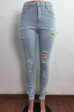 Ljusblå Street Solid Ripped Make Old Mid Waist Skinny Denim Jeans