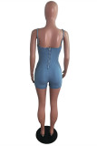 Baby Blue Fashion Sexy Solid Ripped Backless Spaghetti Strap Skinny Rompers