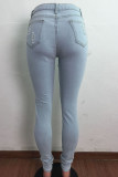 Ljusblå Street Solid Ripped Make Old Mid Waist Skinny Denim Jeans