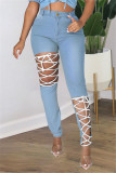 ディープブルーファッションカジュアルソリッドリッピング包帯プラスサイズジーンズ