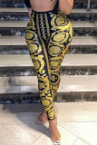Pantaloni skinny a vita alta a vita alta con stampa casual gialla alla moda