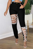 White Fashion Casual Solid Ripped Bandage Plus Size Jeans