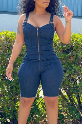Deep Blue Casual Solid Split Joint Zipper Square Collar Skinny Jumpsuits