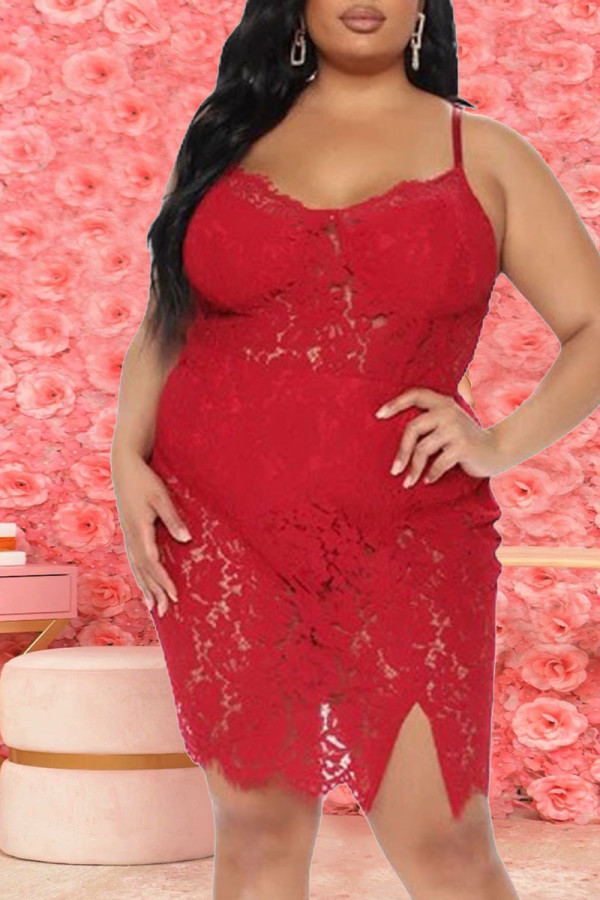Rode sexy effen split rits spaghetti band kanten jurk jurken