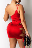 Robe fronde dos nu évidée solide rouge mode sexy