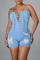 Babyblå Mode Sexig Solid Ripped Backless Spaghetti Strap Skinny Rompers