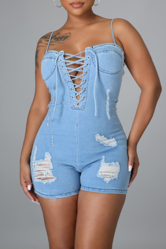 Baby Blue Fashion Sexy Solid Ripped Backless Spaghetti Strap Skinny Jumpsuits