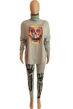 Grey Fashion Casual Print Basic O Neck Long Sleeve Two Pieces