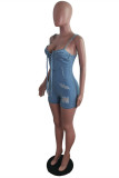 Baby Blue Fashion Sexy Solid Ripped Backless Spaghetti Strap Skinny Rompers