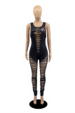 Black Fashion Sexy Print Ripped Backless O Neck Skinny Jumpsuits