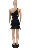 Black Fashion Sexy Solid Hollowed Out Backless Sling Dress