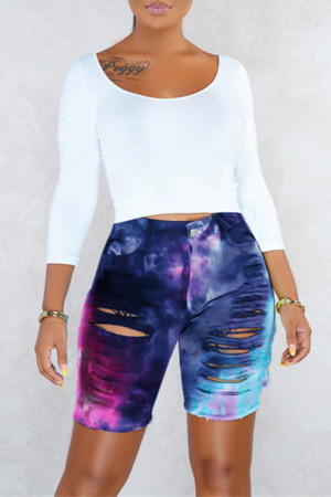 Deep Blue Fashion Casual Print Tie Dye High Waist Jeans Ripped Denim Shorts
