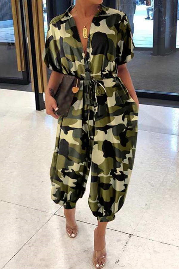 Army Green Fashion Casual Camouflage Print Basic Umlegekragen Regular Jumpsuits