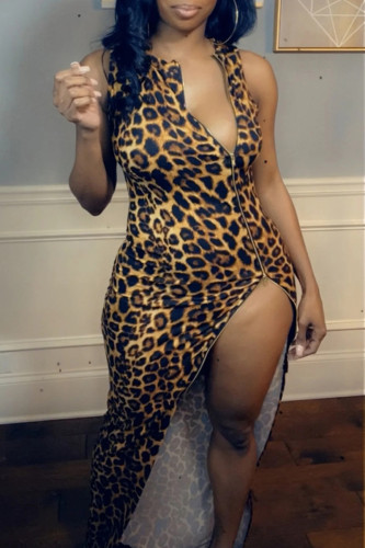 Luipaardprint Sexy print luipaard asymmetrische mouwloze jurk met ritskraag