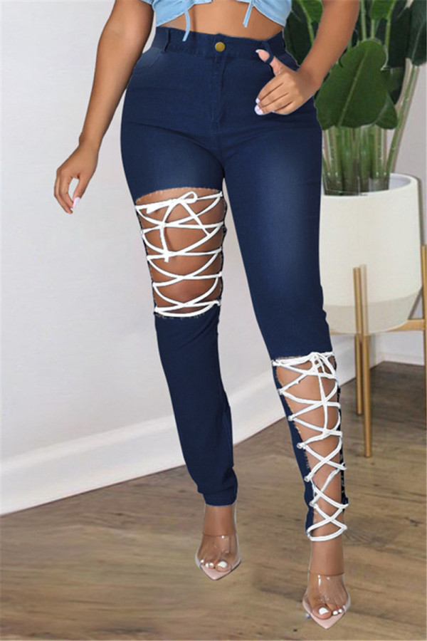 Deep Blue Mode Casual Solid Ripped Bandage Plus Size Jeans